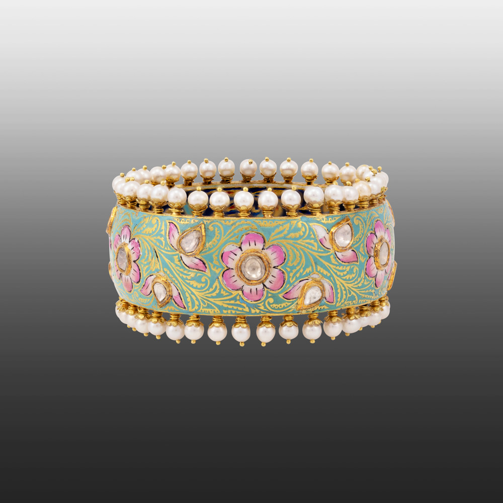 Floral Enamel Polki Bangle with Pearl Fungar Borders